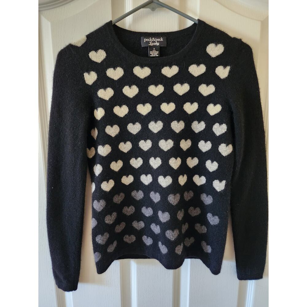Peck & Peck Luxury Black 100% Cashmere Heart Intarsia Ombre Sweater Womens Small - Picture 1 of 5
